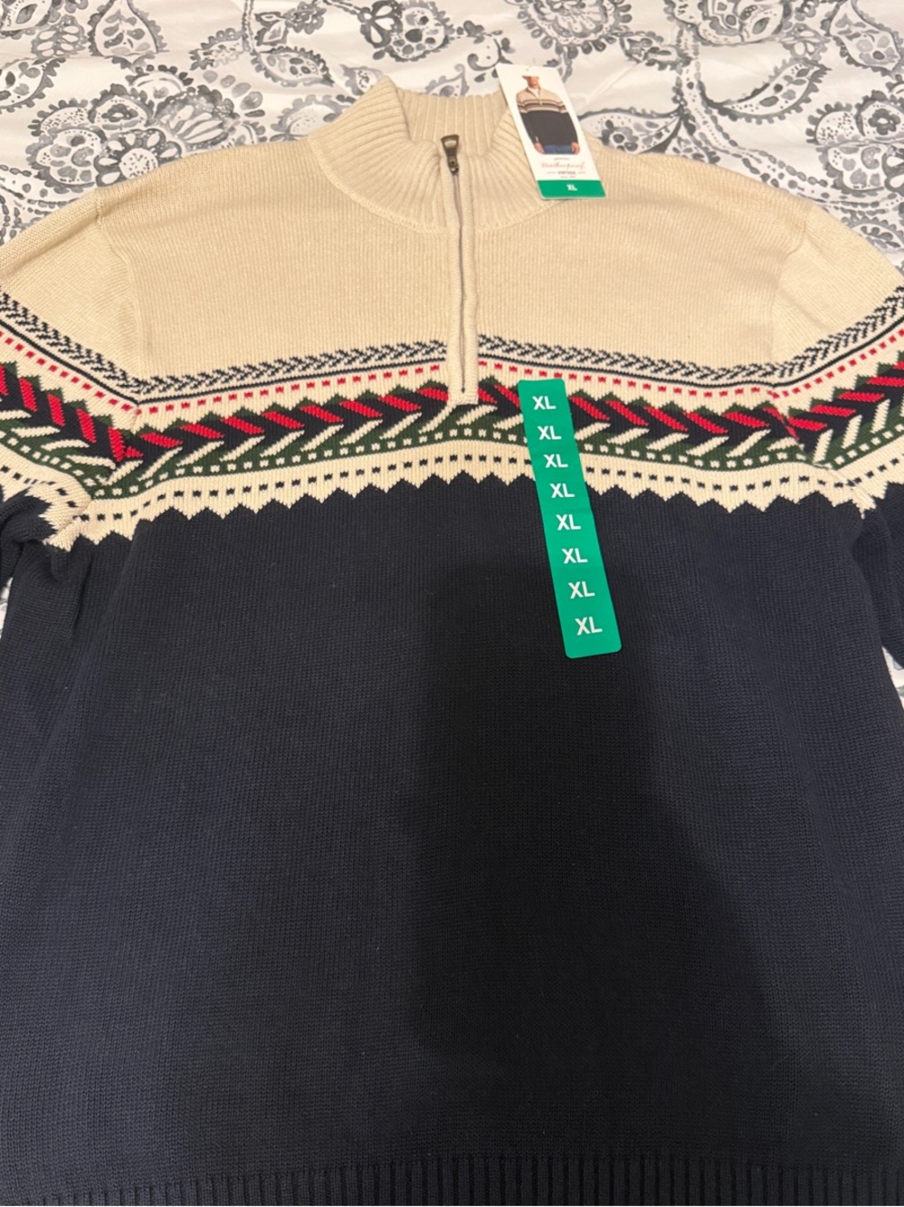 NWT: Weatherproof Men's Navy, Cream & Red Fair Isle Half-Zip Sweater